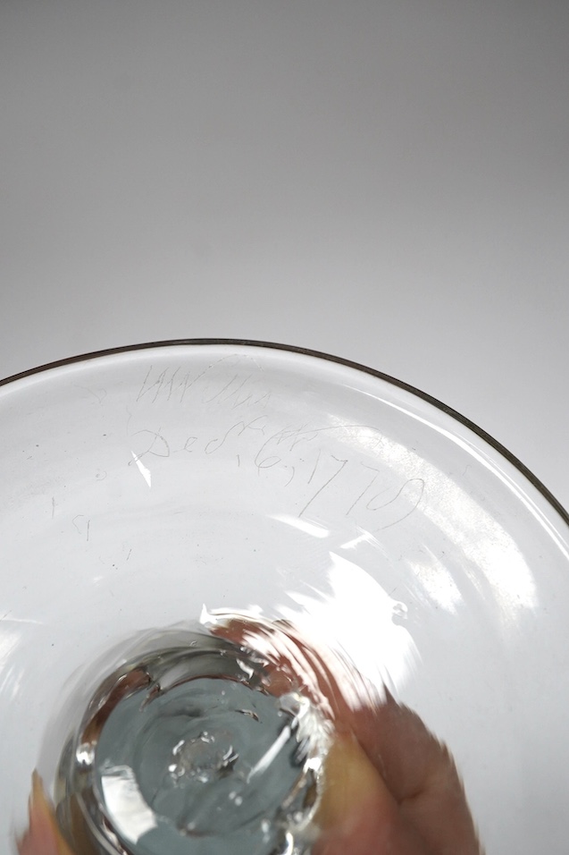 A large plain stem glass goblet, c.1760, the foot diamond point engraved ‘W Willis Dec 6th 1778’. Condition - scratches, otherwise good
